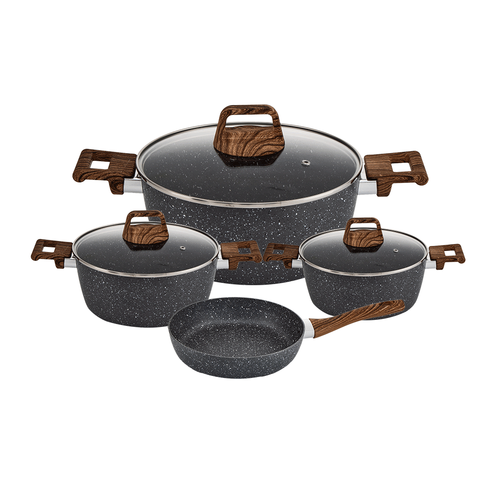 طقم قدور طهي جرانيت بمقابض خشبية و أغطية زجاج حرارية مع مقلاة طهي دائرية - 4 قطع