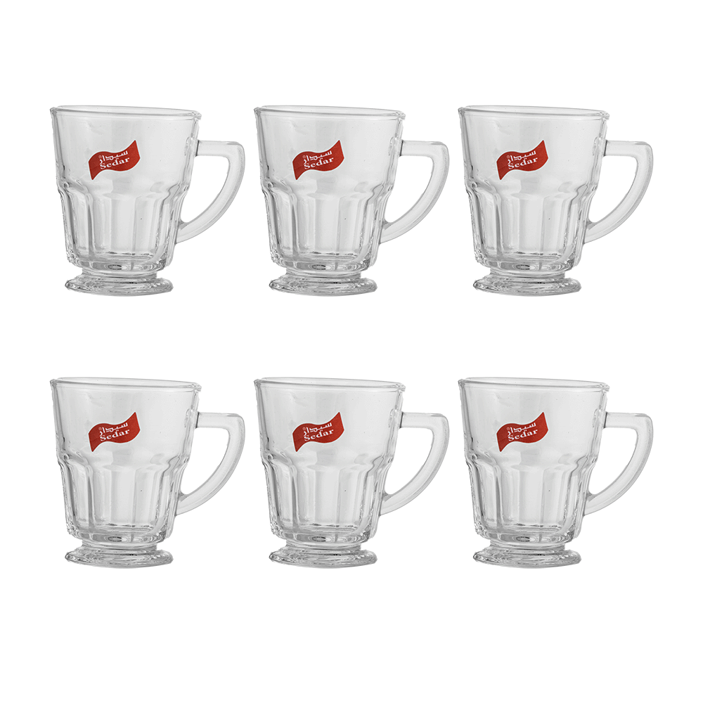 سيدار طقم كاسات شاي زجاجية شفافة بمقابض جانبية - 6 قطع
