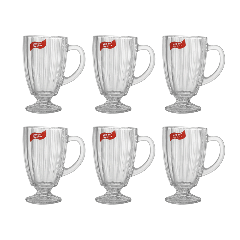 سيدار طقم كاسات شاي زجاجية شفافة بمقابض جانبية - 6 قطع