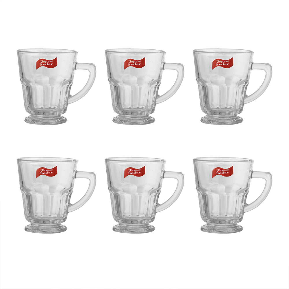 سيدار طقم كاسات شاي زجاجية شفافة بمقابض جانبية - 6 قطع