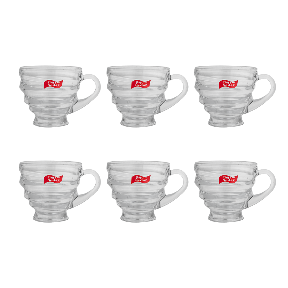 سيدار طقم كاسات شاي زجاجية شفافة بمقابض جانبية - 6 قطع
