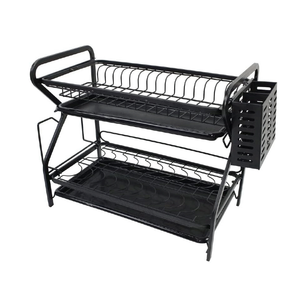 استاند صحون استيل طابقين مع سلة ملاعق جانبية و استاند صحون - أسود