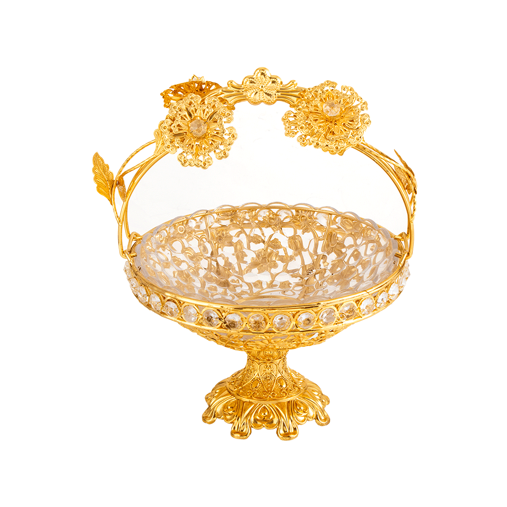 سلة تقديم فاخرة مرصعة بالكريستال بتصميم أزهار مع قاعدة - ذهبي