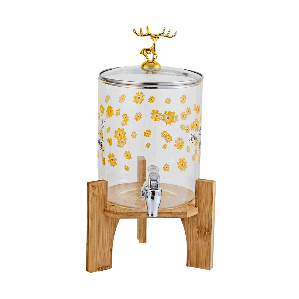 ترمس مشروبات زجاجي مزين بالزهور مع صنبور وقاعدة خشبية بسعة 3.6 لتر - شفاف