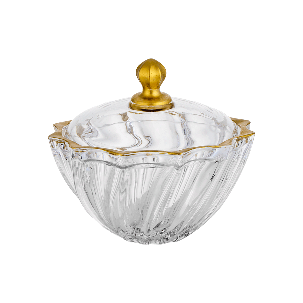 سكرية زجاجية شفافة بغطاء ومقبض ذهبي - 18 سم