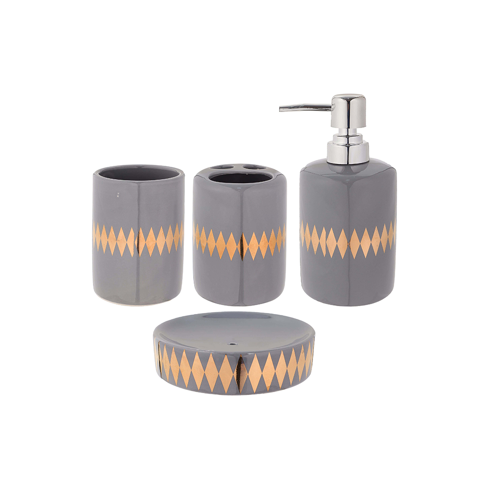 طقم إكسسوارات مغسلة الحمام سيراميك - 4 قطع رمادي