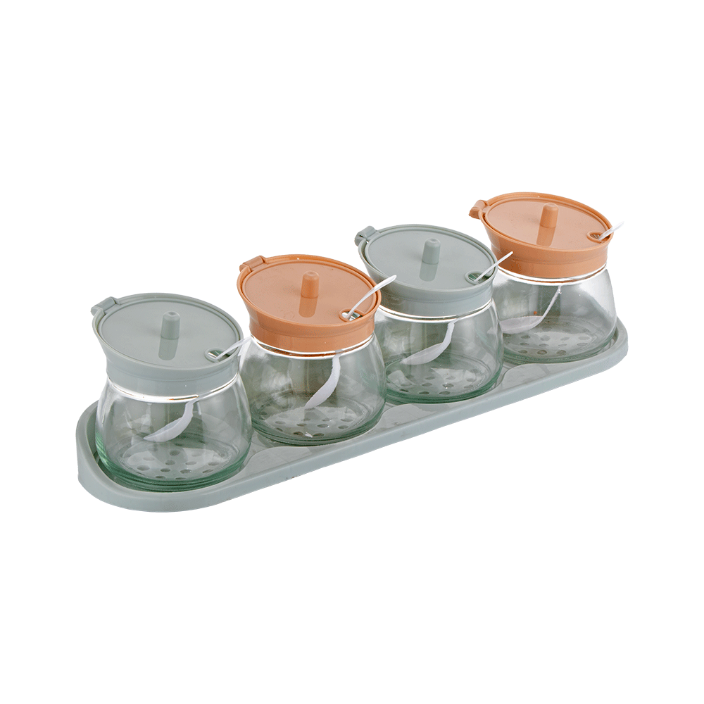 طقم علب بهارات زجاجية مع حامل بلاستيكي - 4 عُلب