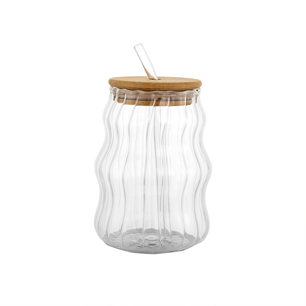 كوب زجاجي متموج ومخطط بغطاء خشبي ومصاصة سعة 300 مل - شفاف