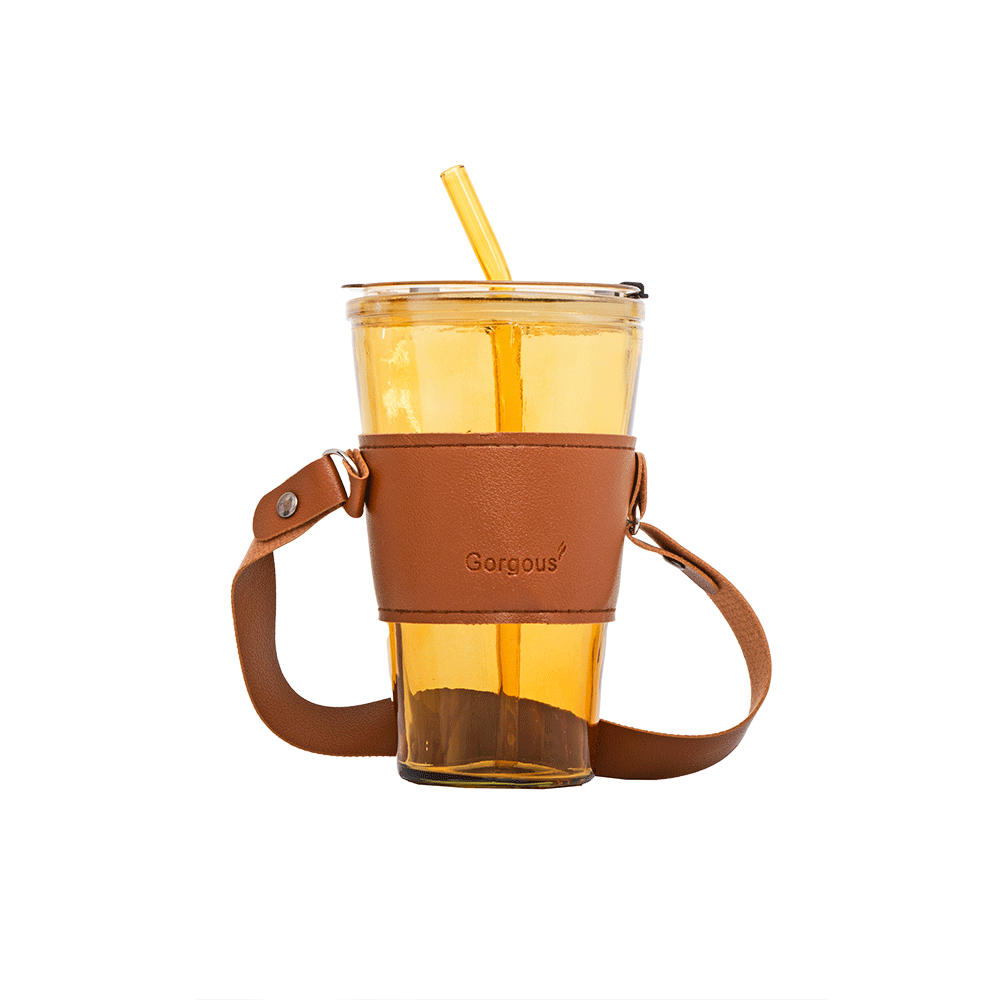 كوب زجاجي بغلاف وحزام جلدي مع مصاصة سعة 400 مل