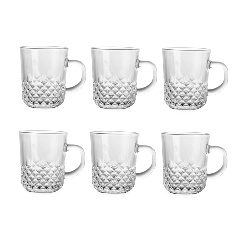 مجموعة أكواب زجاجية بمقبض ونقشة ماسية - 6 قطع