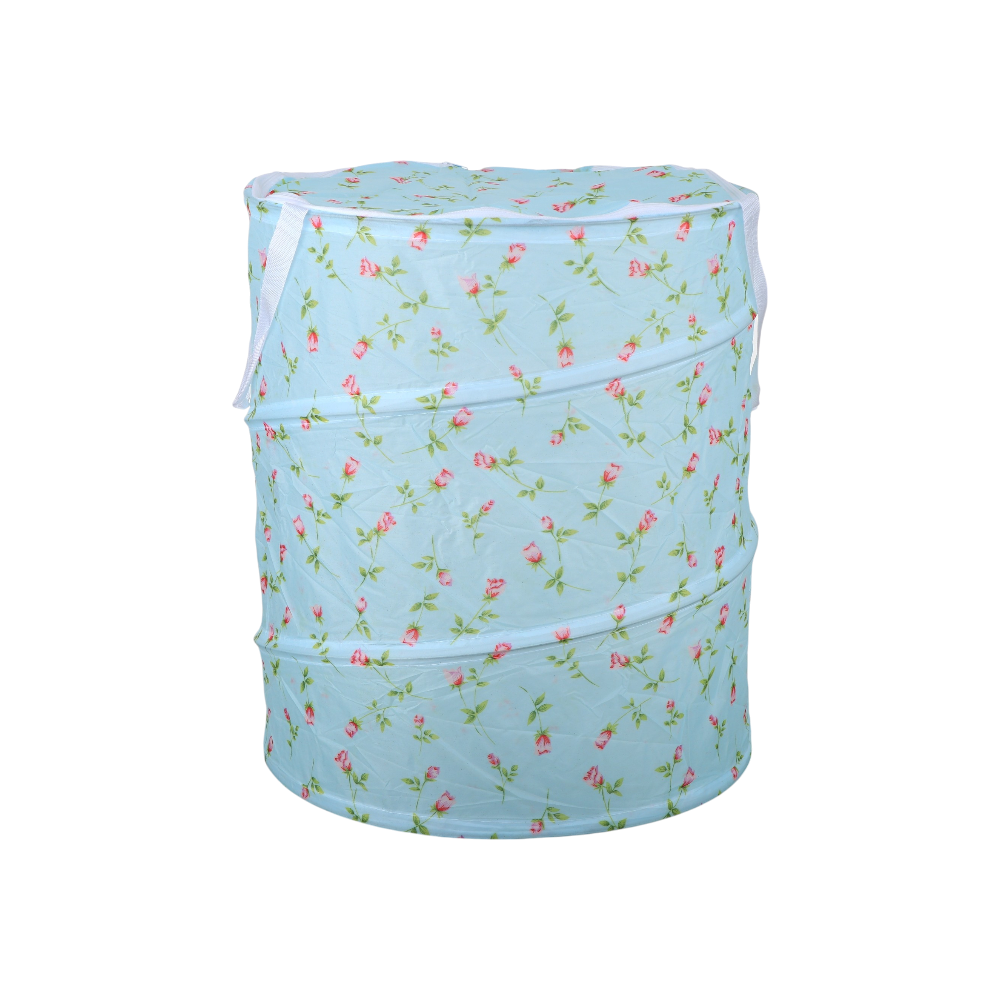 سلة غسيل قماشية قابلة للطي تصميم أسطوني متعددة الاستخدام بنقوش زهور - سماوي