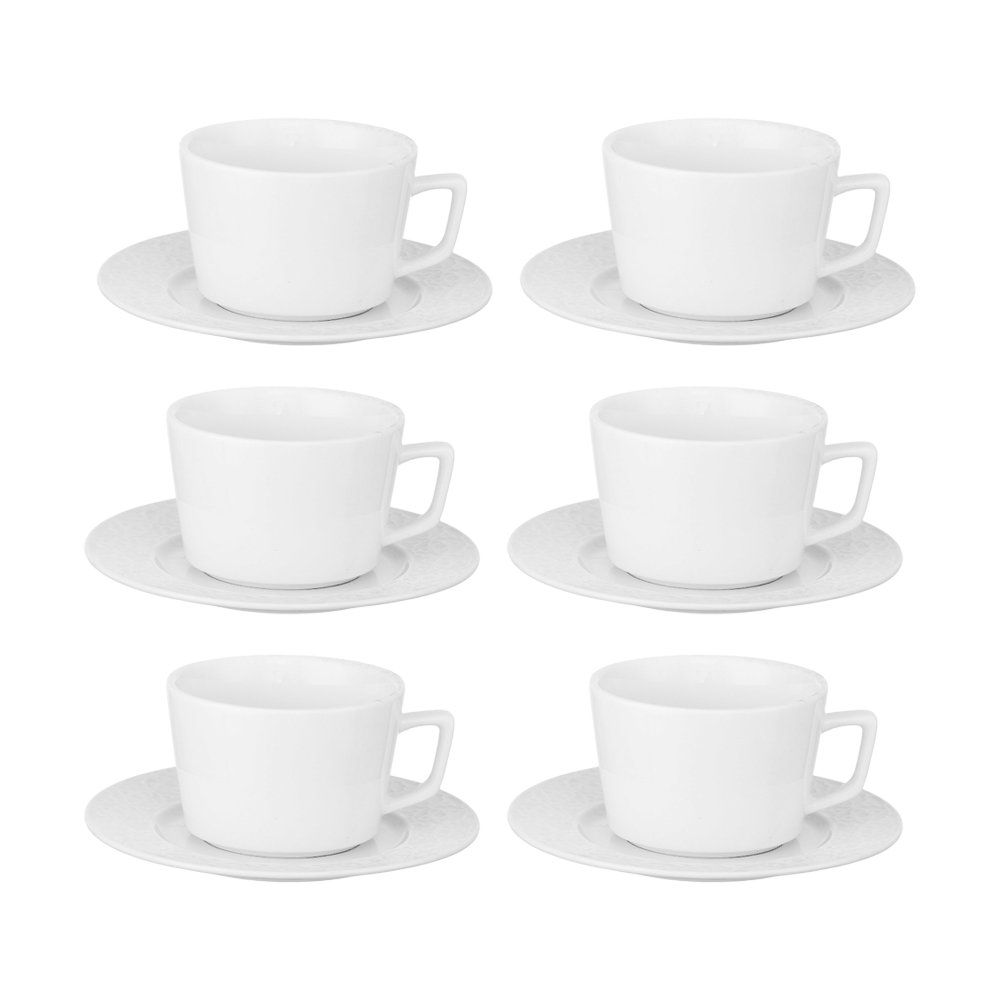 طقم أكواب شاي سيراميك باللون الأبيض 6 أكواب شاي مع 6 صوانٍ سيازر - عدد12 قطعة