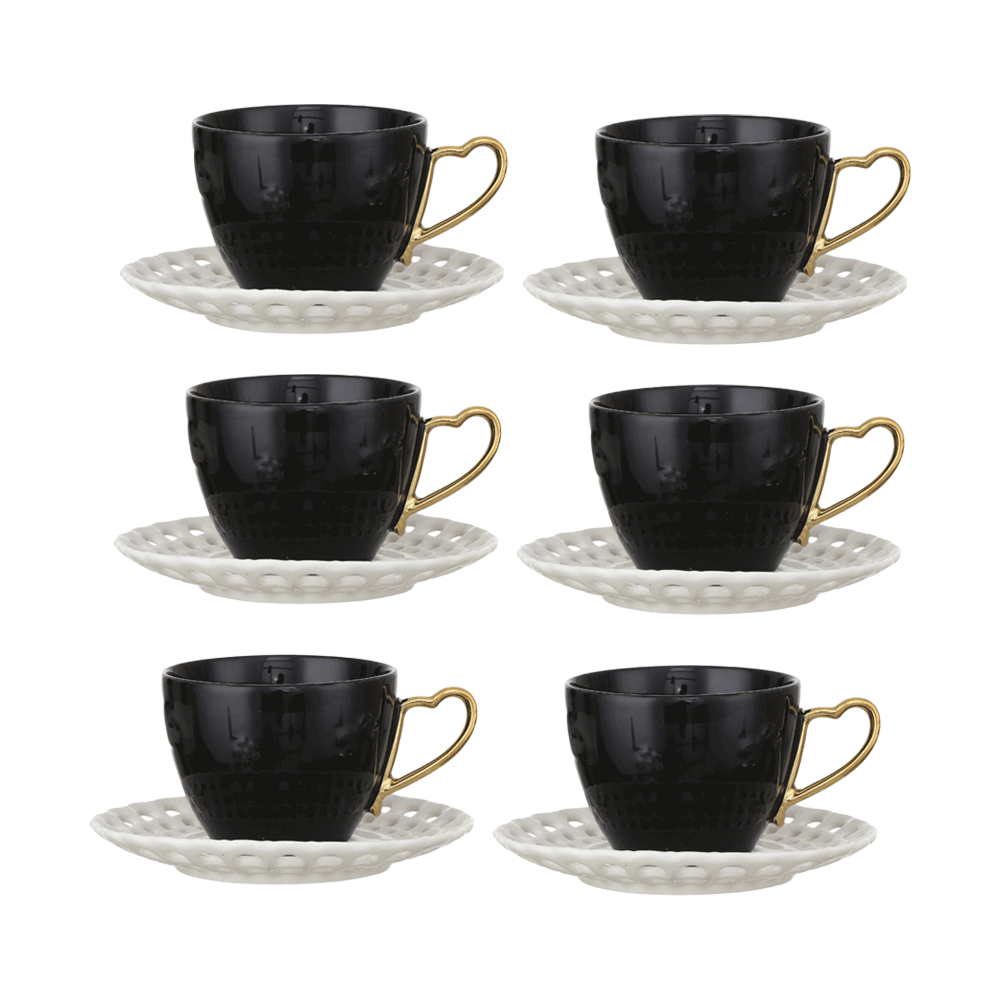 طقم أكواب شاي سيراميك باللون الأسود6 أكواب شاي مع 6 صوانٍ سيازر - عدد12 قطعة