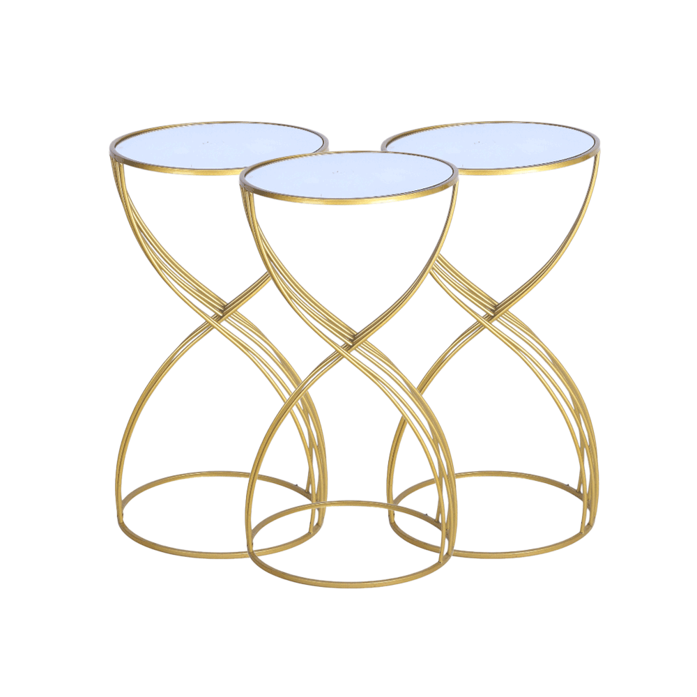 طقم طاولات جانبية داخلية مستديرة وعصرية بسطح مرآة وتصميم مذهّب – 3 قطع