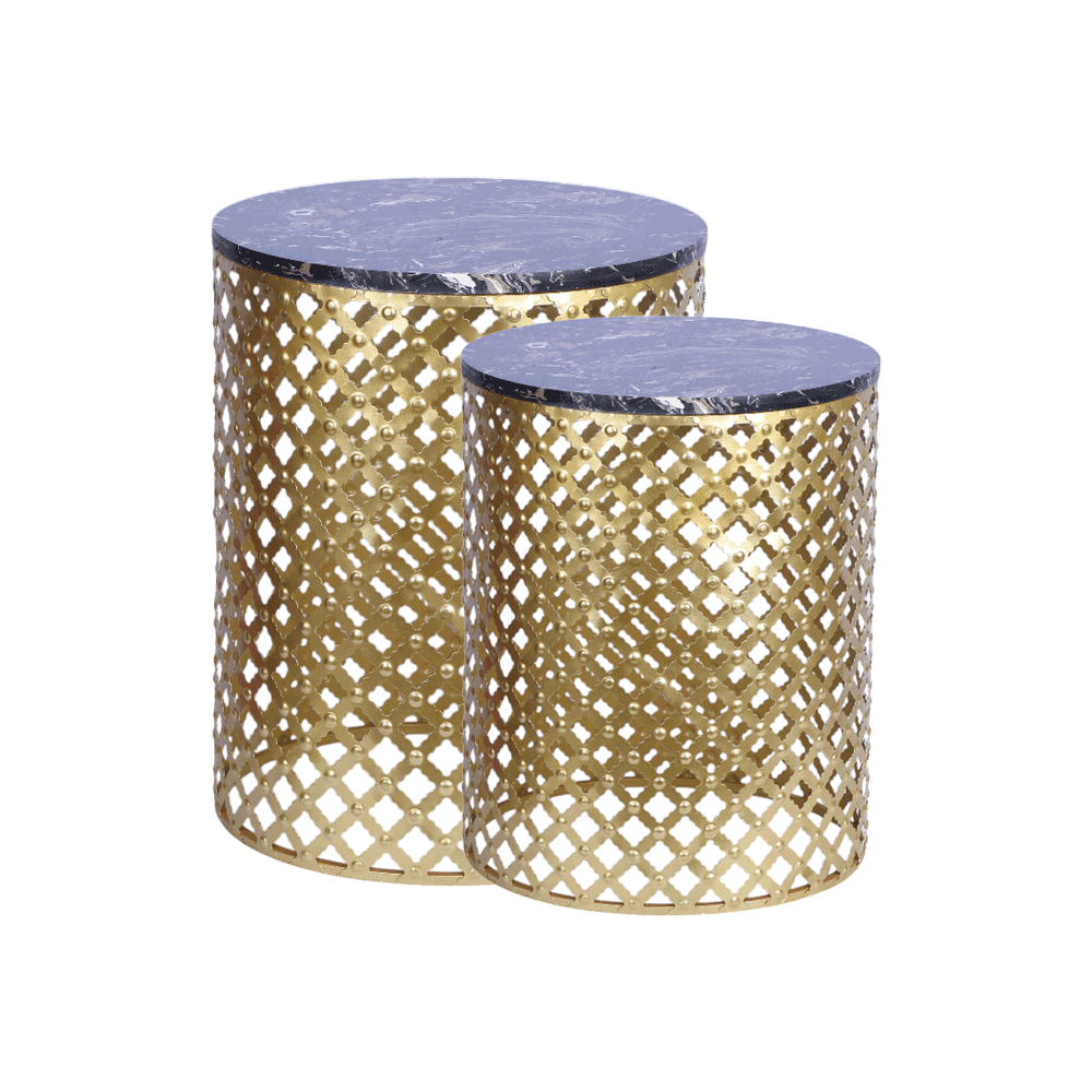 طقم طاولات جانبية مستديرة من الحديد المذهّب بسطح بديل الرخام - قطعتين