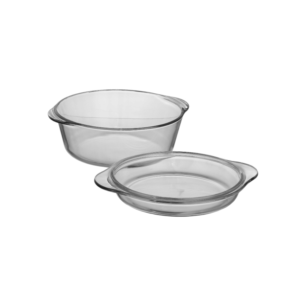طقم صحن فرن زجاجي حراري مدور مع غطاء زجاجي بوركام مقاس 25 سم - شفاف