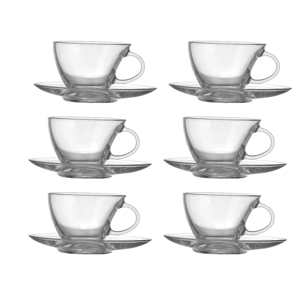 طقم كاسات شاي فيكتوري زجاجية بمقبض جانبي وصحن - 6 قطع