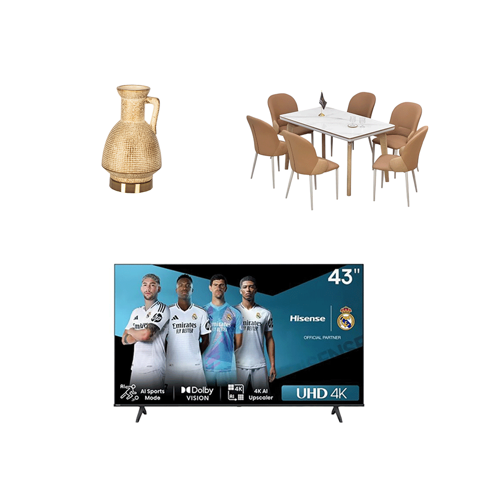 باكج هايسنس تلفزيون ذكي 43 بوصة قوة 70 وات موديل A62QS  + طاولة طعام مع 6 كراسي بني فاتح + مزهرية سيراميك ريفية