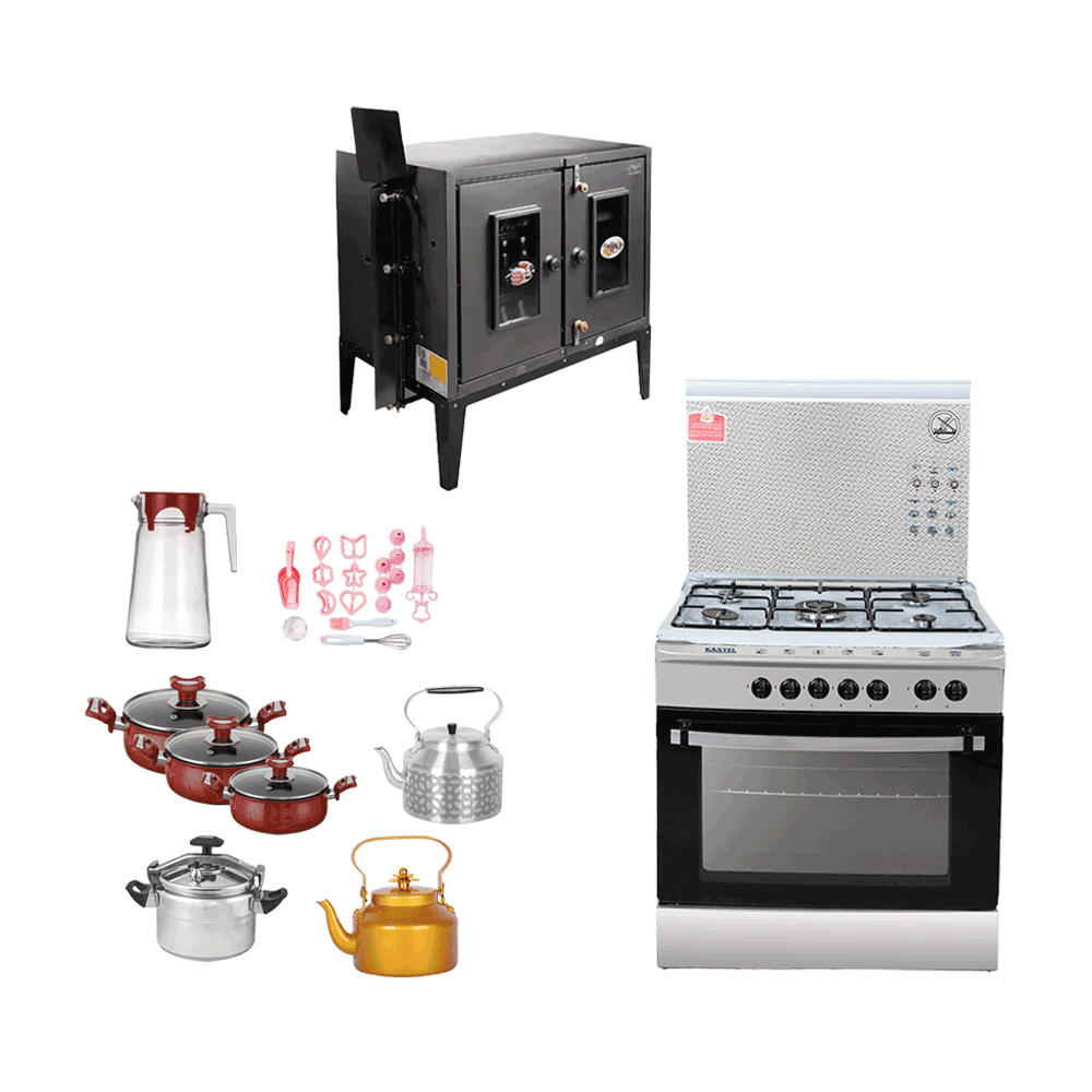 باكج يضم فرن غاز العودي + فرن كاستل 5 شعلات + أدوات مطبخ – 8 قطع