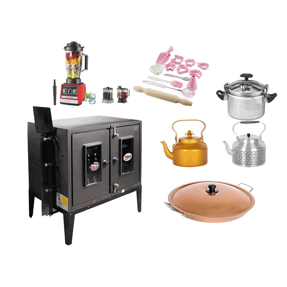 باكج يضم فرن غاز العودي + عصارة دي اس بي 3 في 1 + أدوات مطبخ -7 قطع