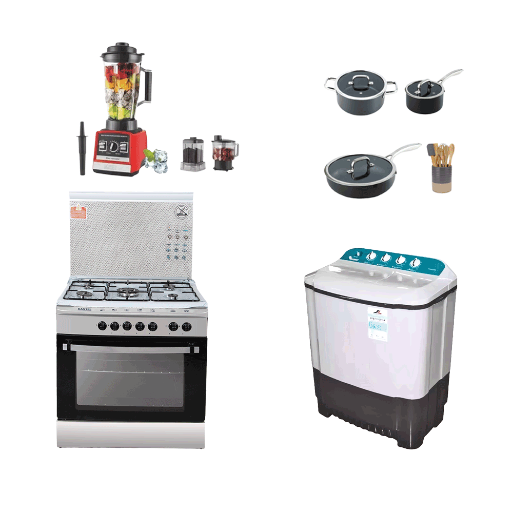 باكج يضم فرن كاستل 5 شعلات + غسالة إل جي نصف اوتوماتيك +عصارة دي اس بي 3 في 1 + أدوات مطبخ – 4 قطع