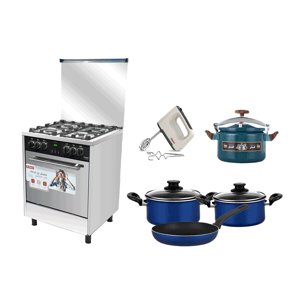 باكج يضم طباخة فريش 4 شعلات + خلاط يدوي كوزانو + أدوات مطبخ -4 قطع