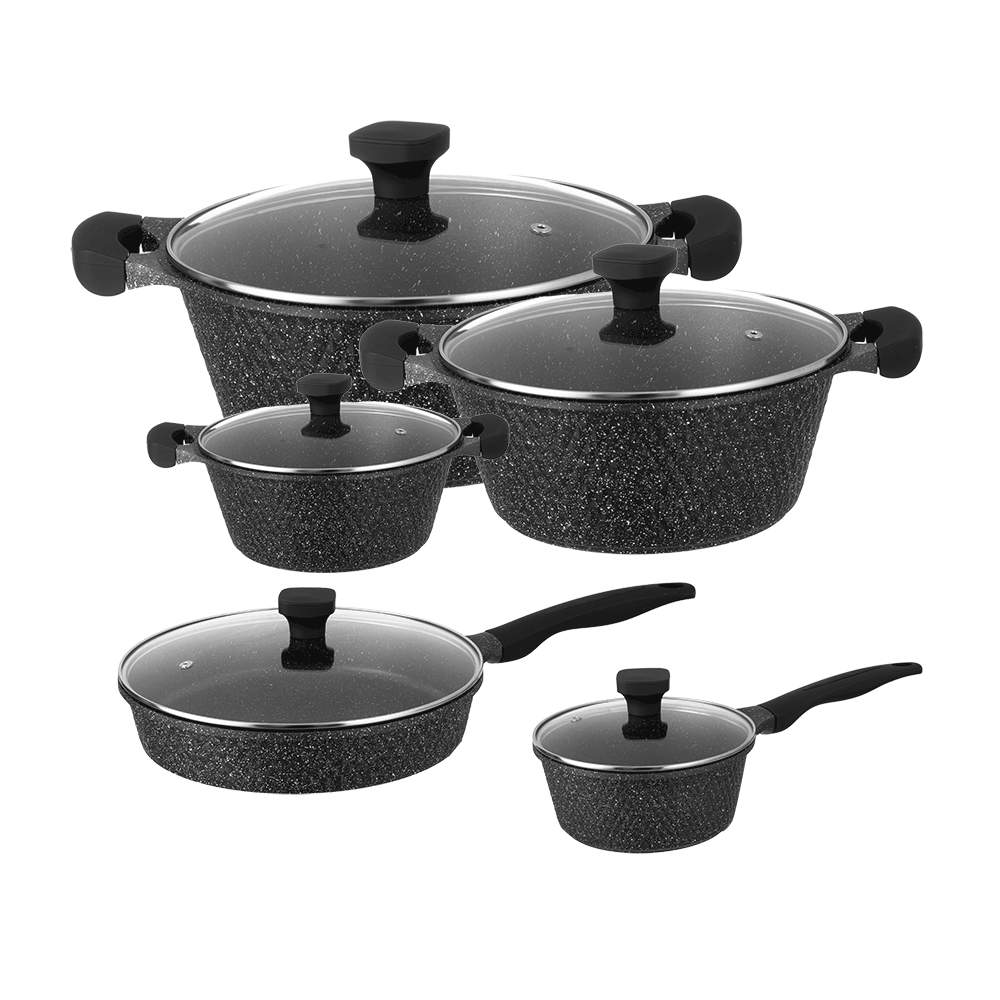 طقم قدور طهي جرانيت 10 قطع - رمادي ماربل