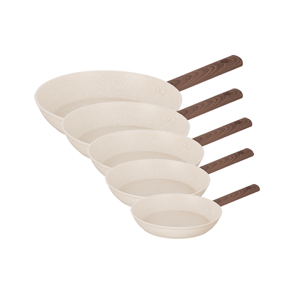 طقم مقالي جرانيت بمقابض خشبية 5 قطع - بيج ماربل