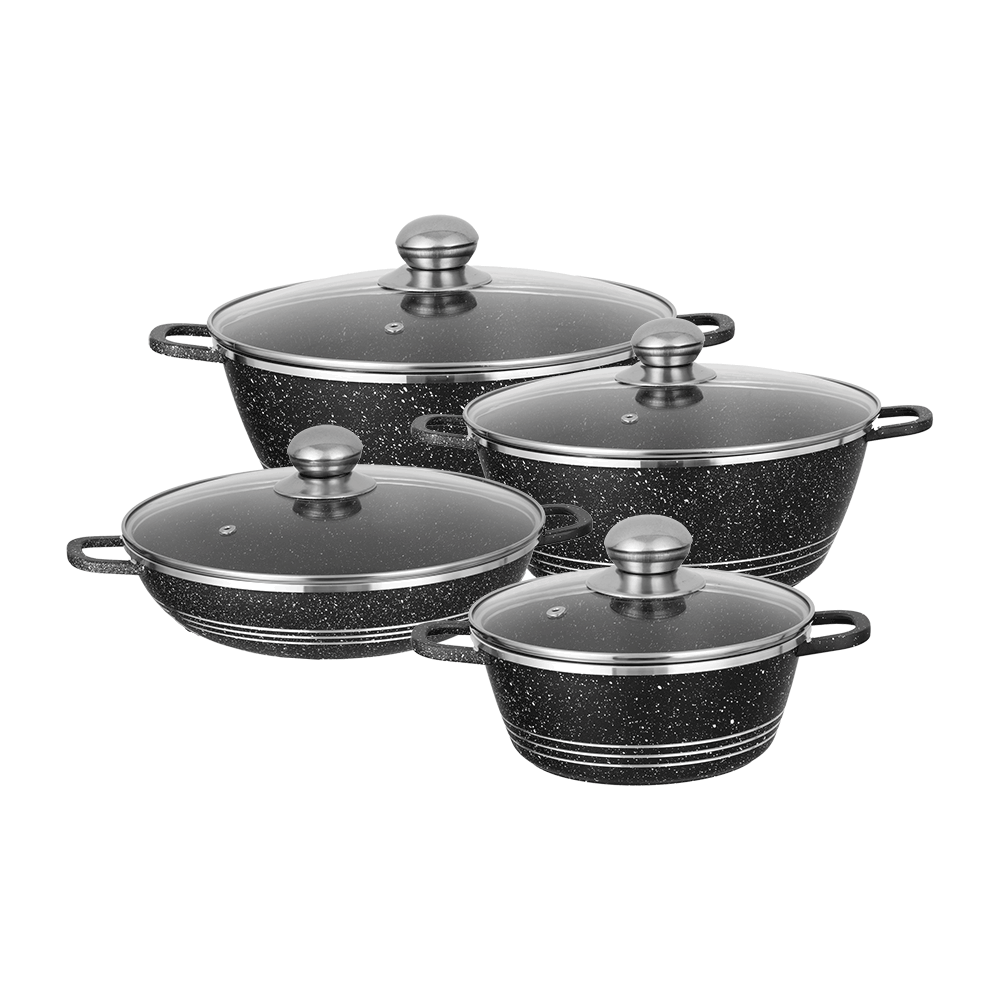 طقم قدور طهي جرانيت 4 قطع مع أغطية زجاجية - أسود ماربل
