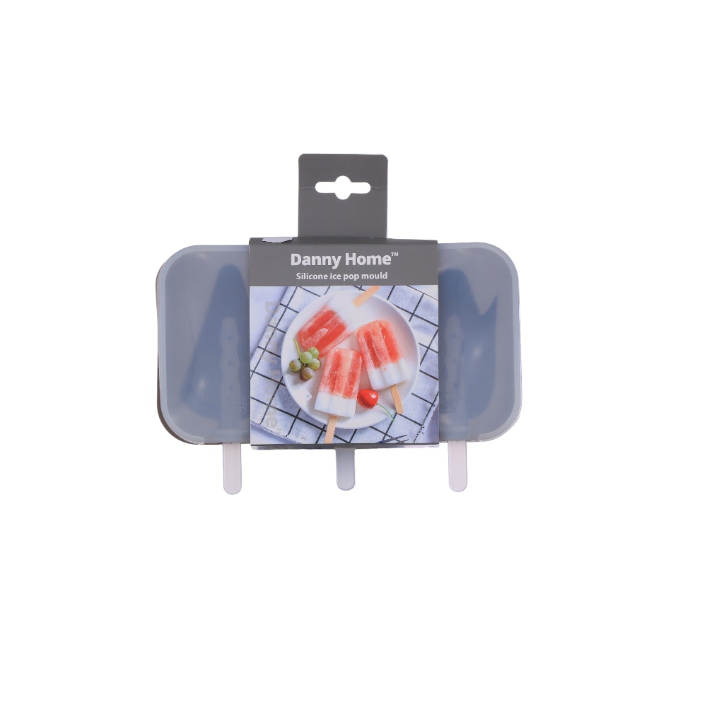 قالب مثلجات داني هوم سيليكون مرن بـ 3 خانات مع أعواد - رمادي
