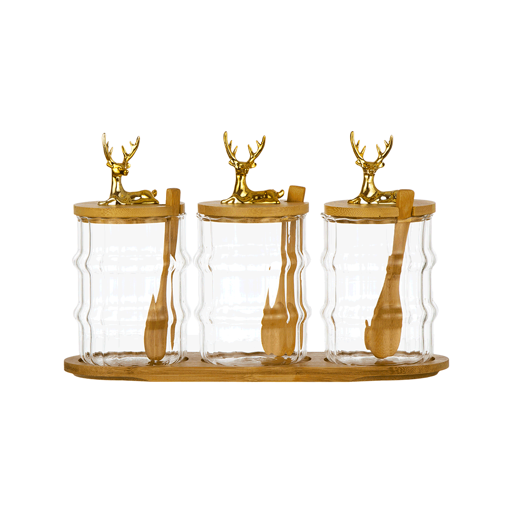 طقم سكريا ت زجاج مع غطاء وملعقة خشب  - 7 قطع 