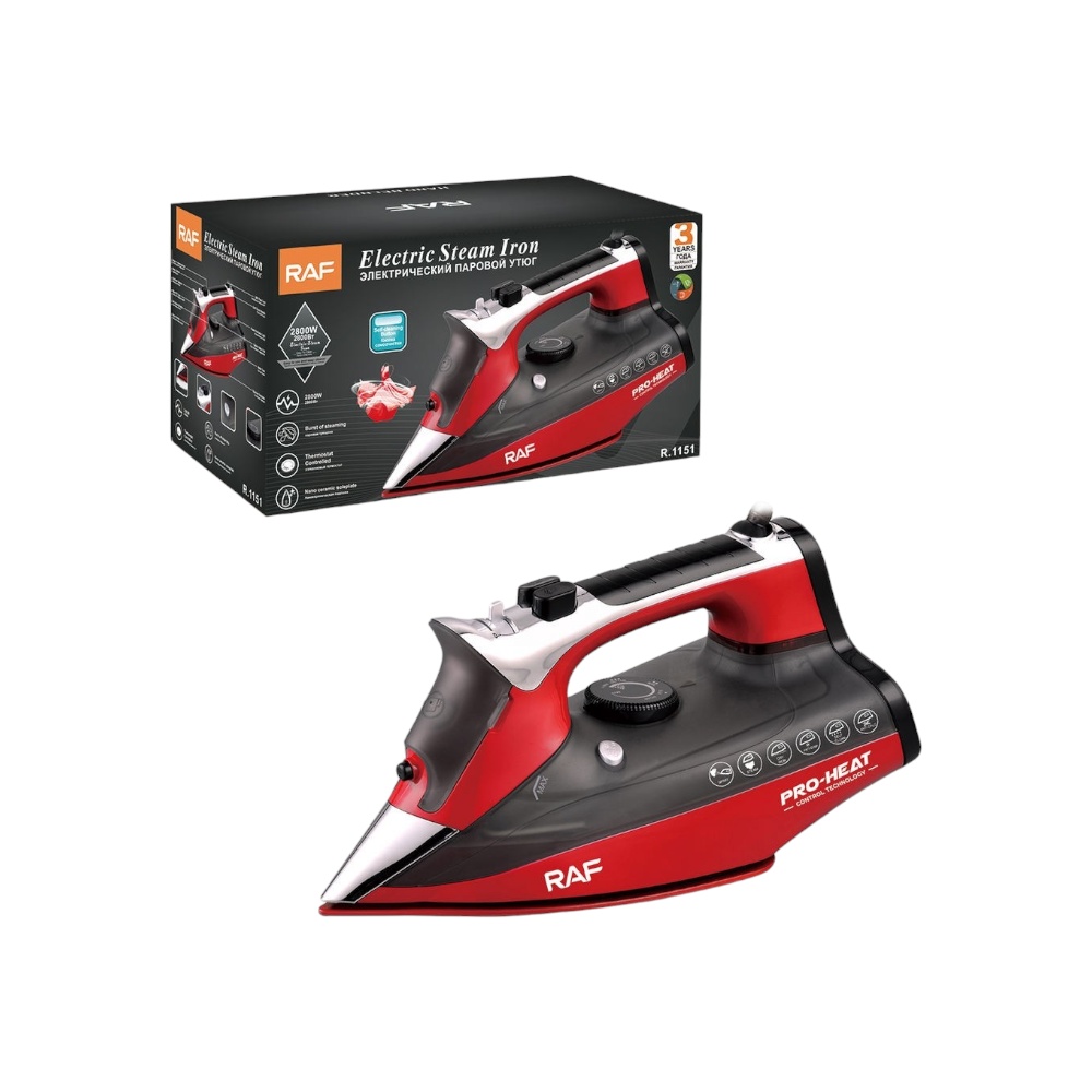 مكواة بخار راف الاحترافية بقوة 2800 وات وقاعدة نانو سيراميك موديل R.1151 - أحمر وأسود