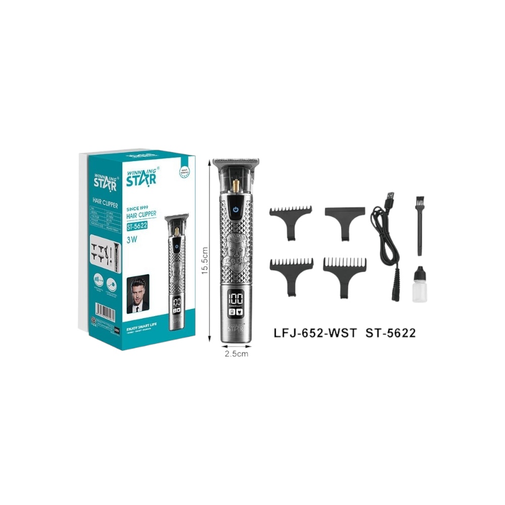 ماكينة حلاقة وتشذيب شعر احترافية وينينج ستار بشاشة رقمية وهيكل معدني موديل ST-5622 - فضي
