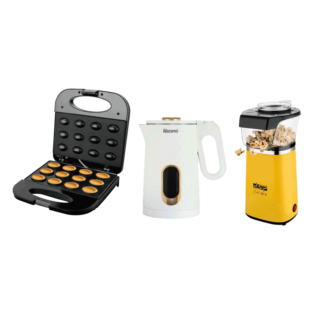  باكج صانعة الجوزية 800 وات + صانعة الفشار 1300 وات وسعة 120 جم + غلاية كوزانو 1500 وات وسعة 1.8 لتر 