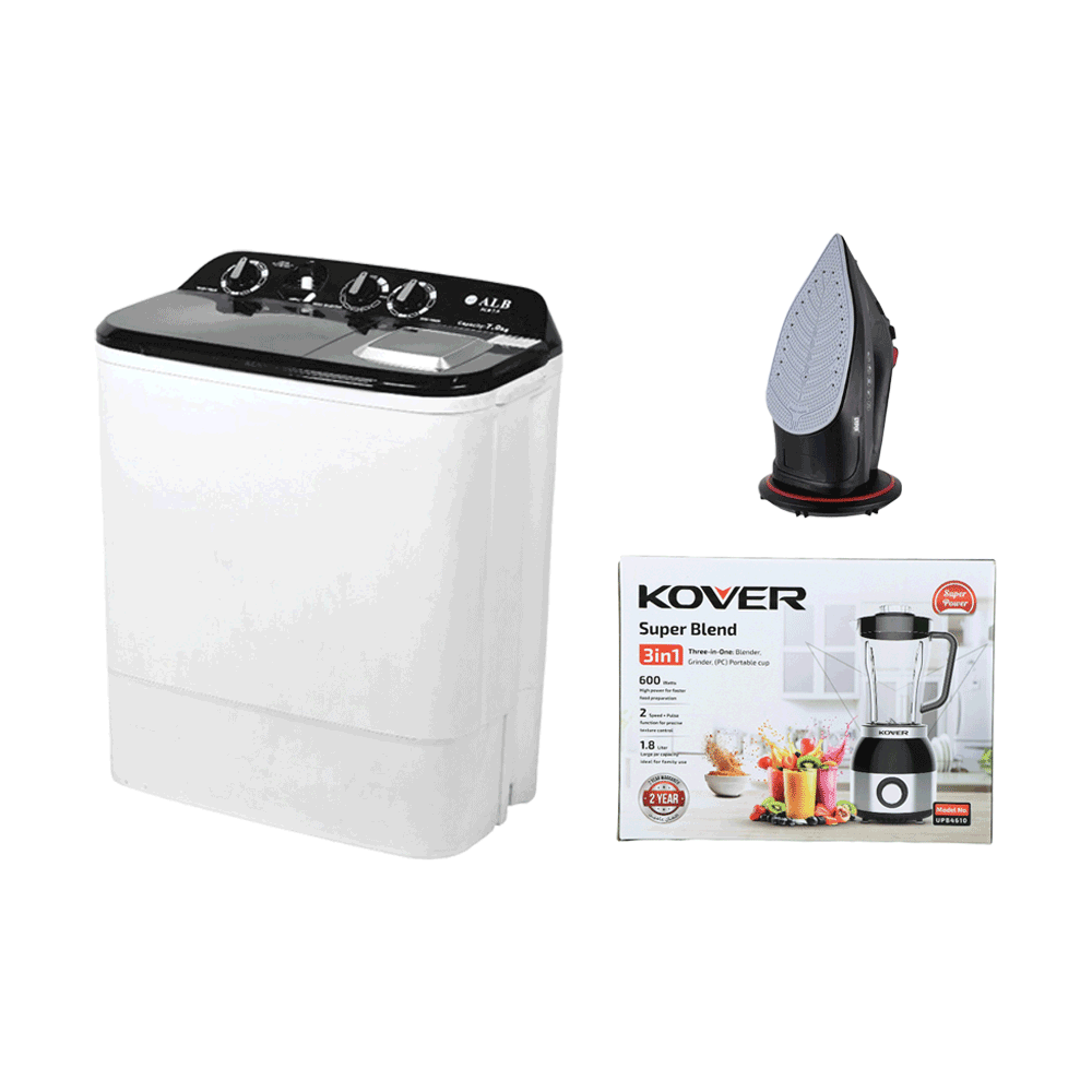 باكج خلاط كوفر بلند 3*1 بسعة 1.8 لتر 600 وات + مكواة بخار وينينج ستار 2400 وات + غسالة قوة البرق حوضين 7 كجم 140 وات 