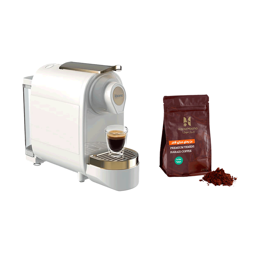 ماكينة قهوة كبسولات كهربائية كوزانو قوة 1400 وات موديل KME60 أبيض + بن يمني حرازي فاخر  حراز موكا 250 جم مجاناً 