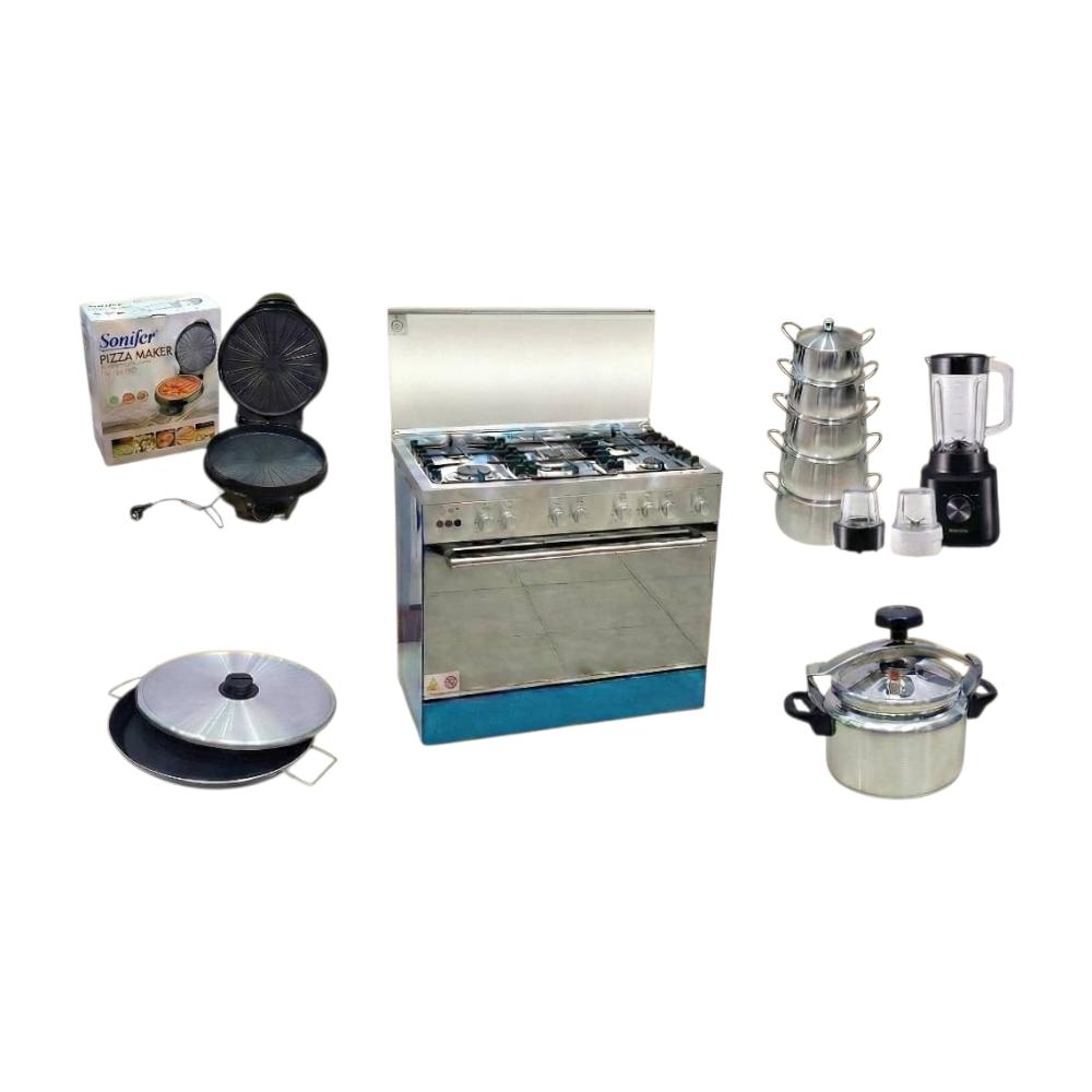 مجموعة المطبخ المتنوعة من طباخ غاز (بوتجاز) + صانعة بيتزا + قدر قلاية + طقم قدور 5 حبات ستانلس ستيل. + ضغاط + خلاط
