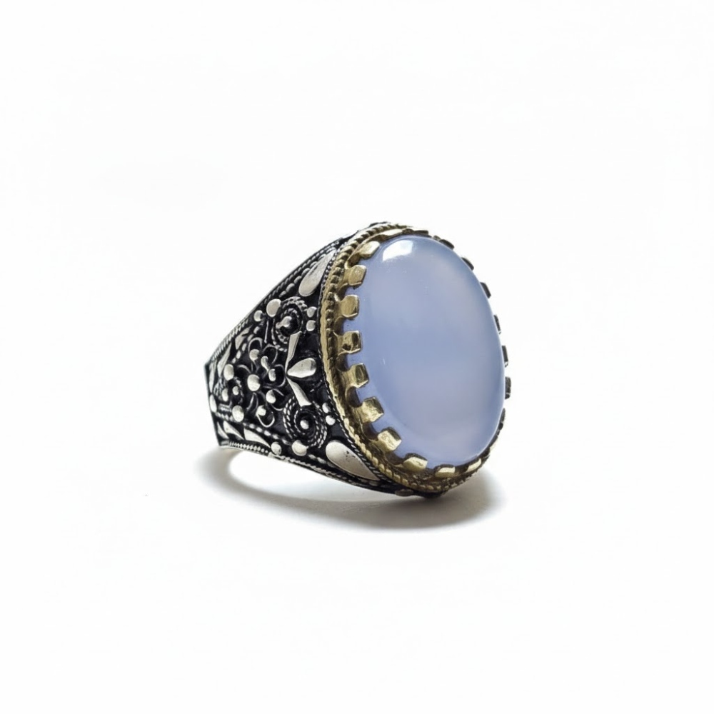 خاتم فضه عيار 925 عقيق يماني سماوي