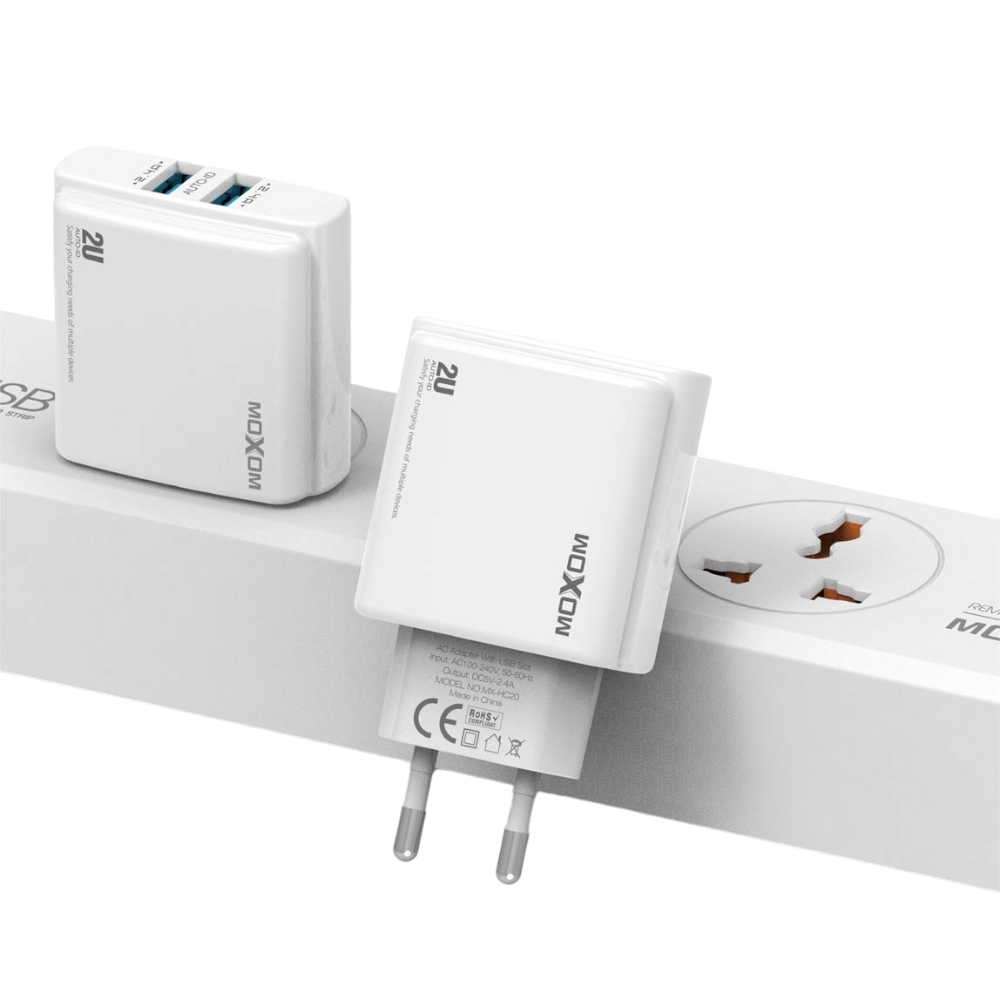 موكسوم رأس شاحن كهرباء مزدوج يدعم الشحن السريع مع وصلة ميكرو موديل HC20 - أبيض