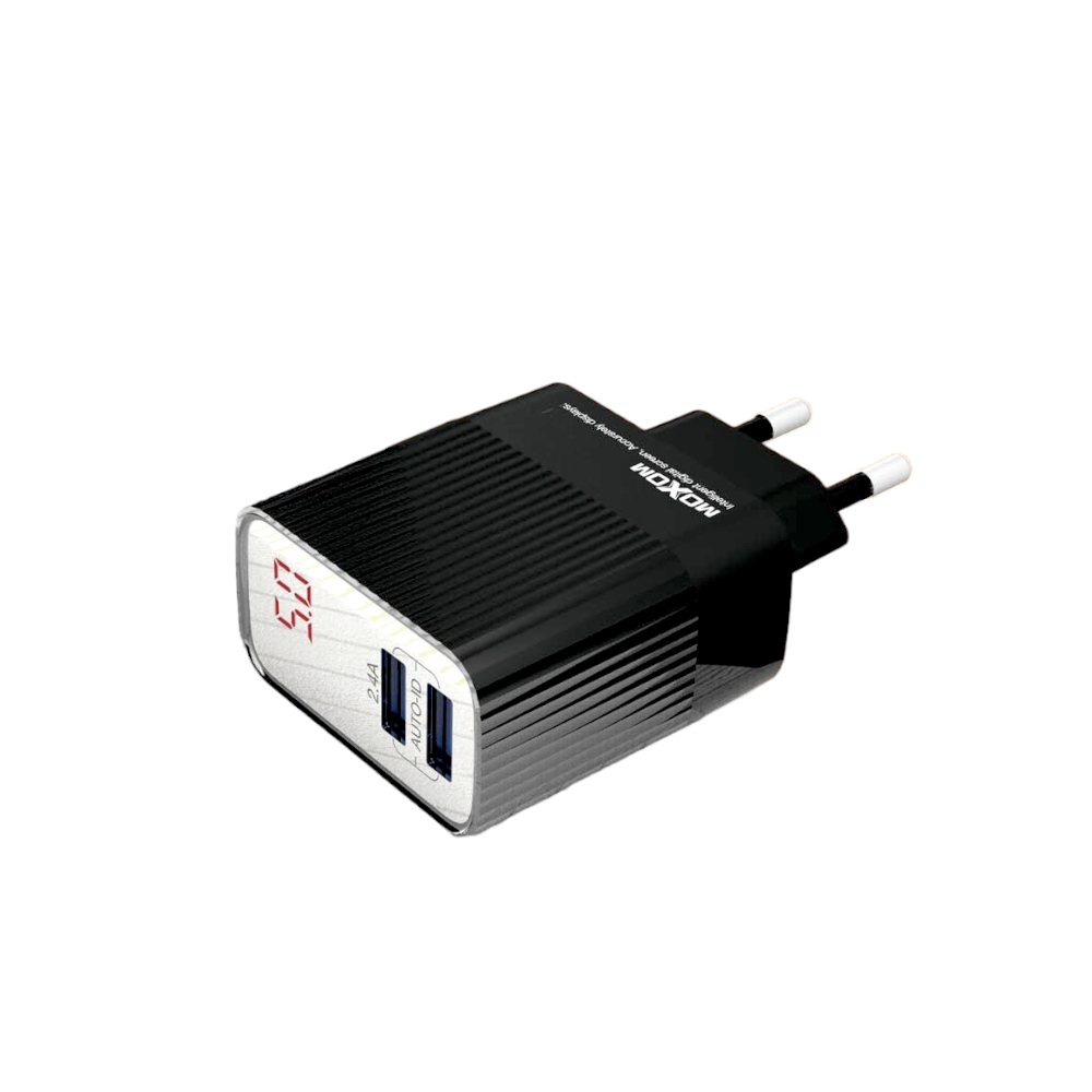 موكسوم رأس شاحن كهرباء بمنفذين مزودة بشاشة رقمية مع وصلة شحن ميكرو موديل MX-HC46 - أسود