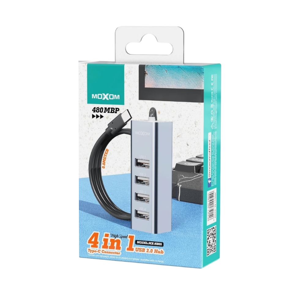 موكسوم توصيلة متعددة 4 في 1شحن ونقل بيانات منفذ تايب سي موديل HB05 - رمادي