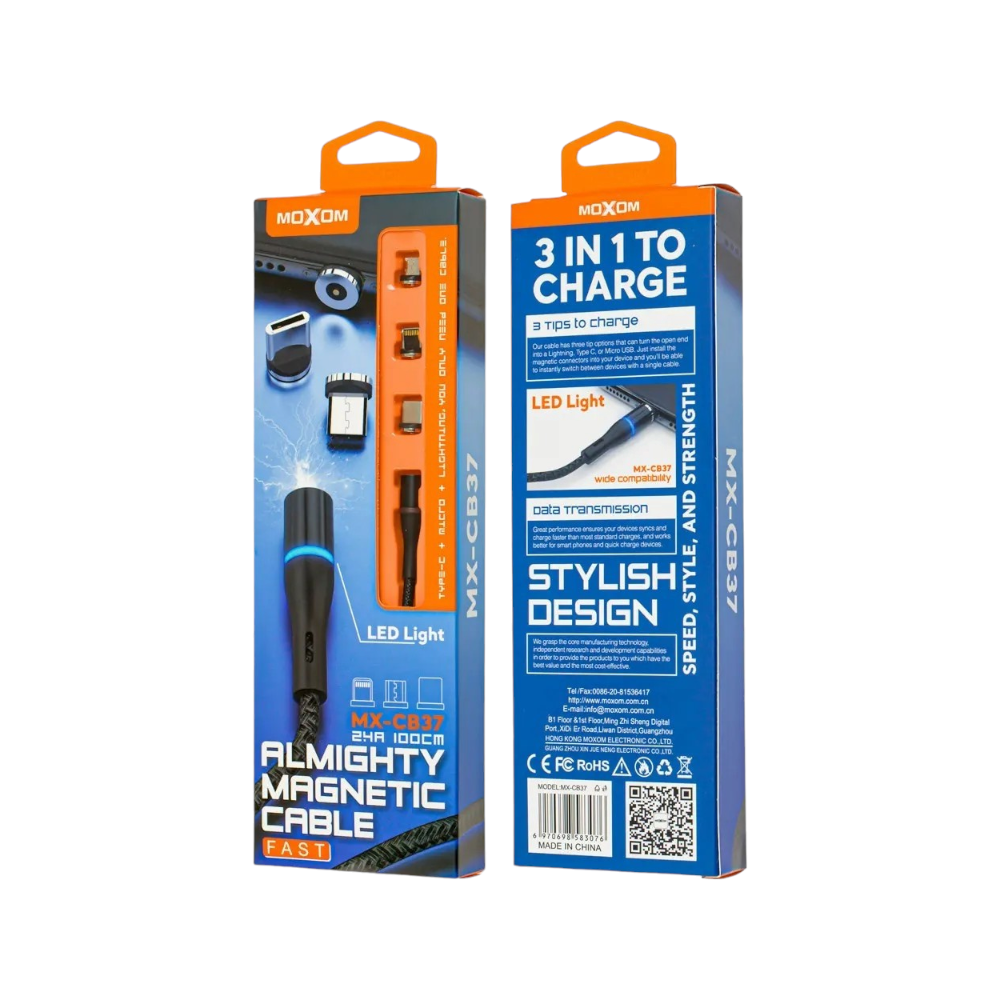 موكسوم وصلة شحن مغناطيسية 2.4 امبير (3×1) اضاءة LED موديل CB37 - أسود