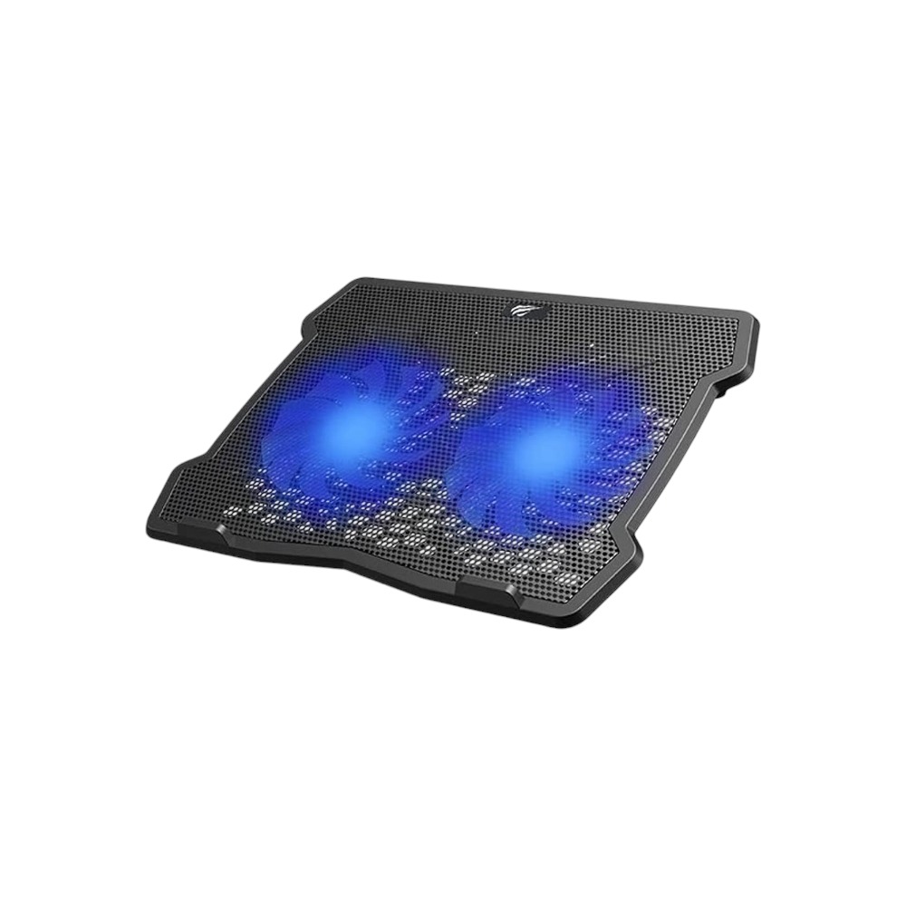 هافيت قاعدة تبريد للكمبيوتر المحمول بإضاءة LED زرقاء ومروحتان و 2 منفذ شحن موديل F2075 - أسود