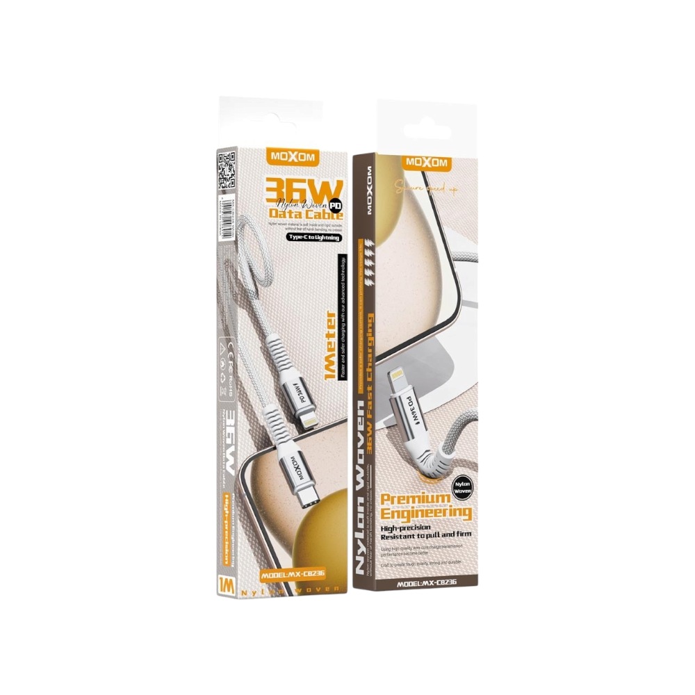 موكسوم كابل شحن سريع PD بقوة 36 وات تايب سي إلى لايتنينج قماش نايلون موديل MX-CB236 - أبيض