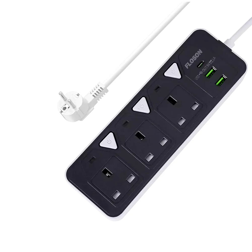 فلوسون توصيلة كهرباء بثلاثة مقابس و مخرجين شحن يو إس بي و مخرج بي دي - أسود
