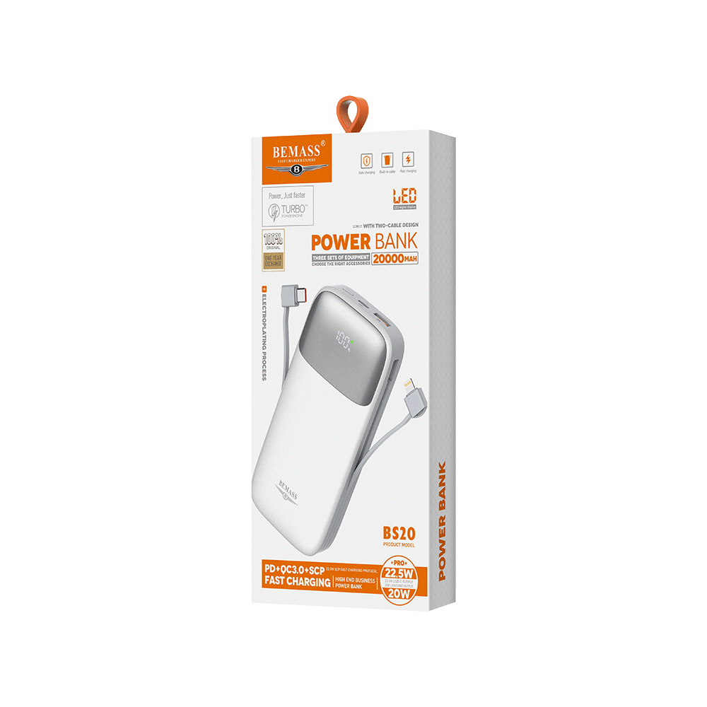 بيماس باور بانك بتقنية QC3.0 وسعة 20000 مللي امبير - أبيض