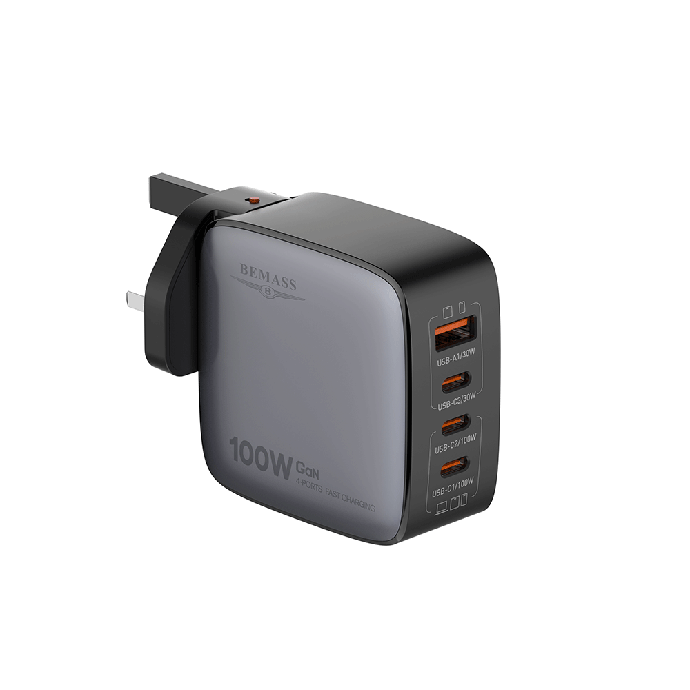 بيماس شاحن جداري GaN بقوة 100 وات بعدد 4 مداخل - رمادي