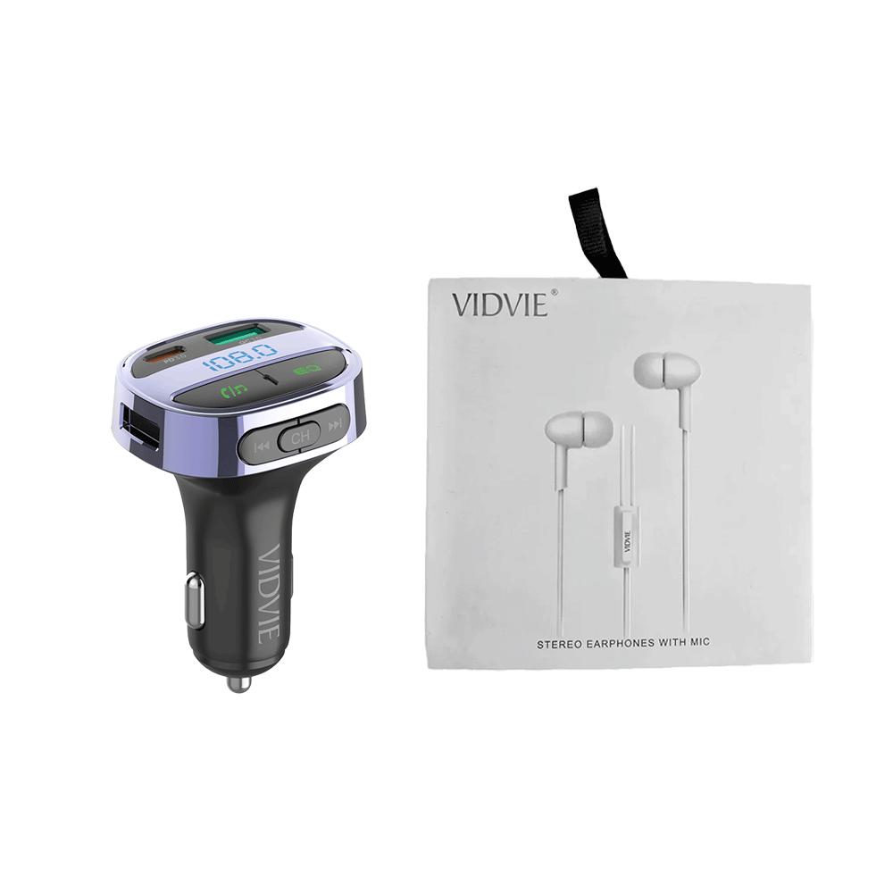  فيدفي سماعة أذن ستيريو سلكية مع ميكروفون موديل HS-615 +  جهاز ام بي ثري وراديو لاسلكي وشاحن سيارة سريع موديل FM02