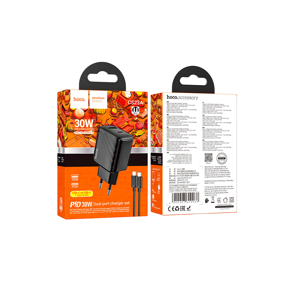 هوكو شاحن جداري بمنفذين PD بقوة 30 وات مع كابل تايب سي - أسود