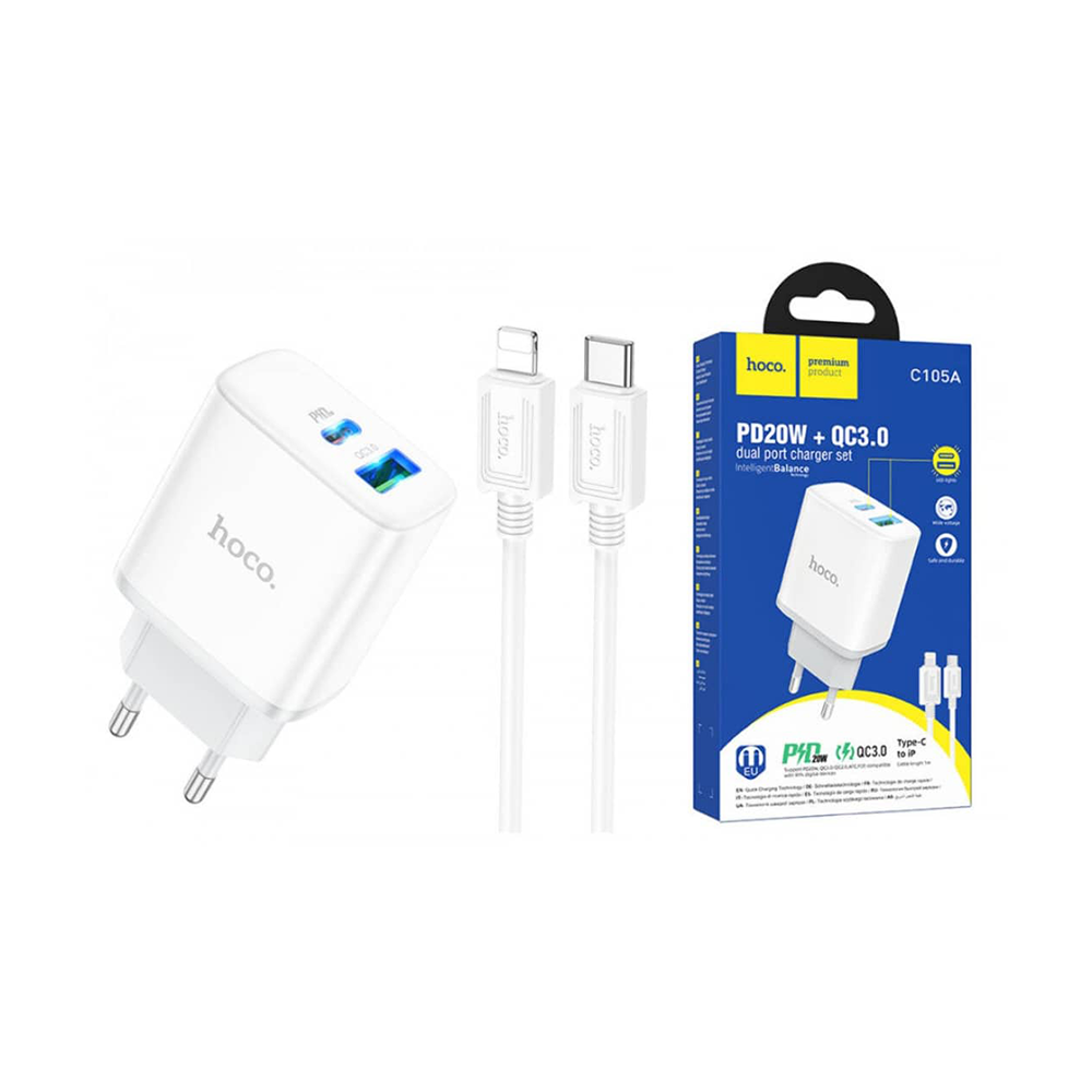 هوكو رأس شاحن جداري بمنفذين PD قوة 20 وات و تقنية QC3.0 مع كابل - أبيض